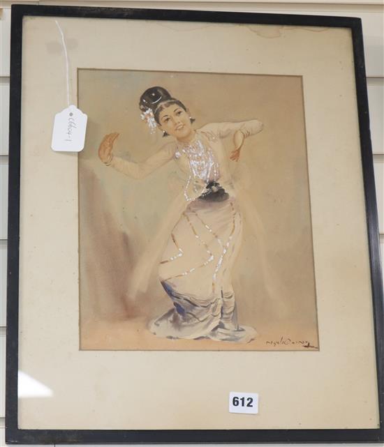 U. Ngwe Gaing (1901-1967), watercolour and gouache, Dancing lady, signed, 32.5 x 25.5cm